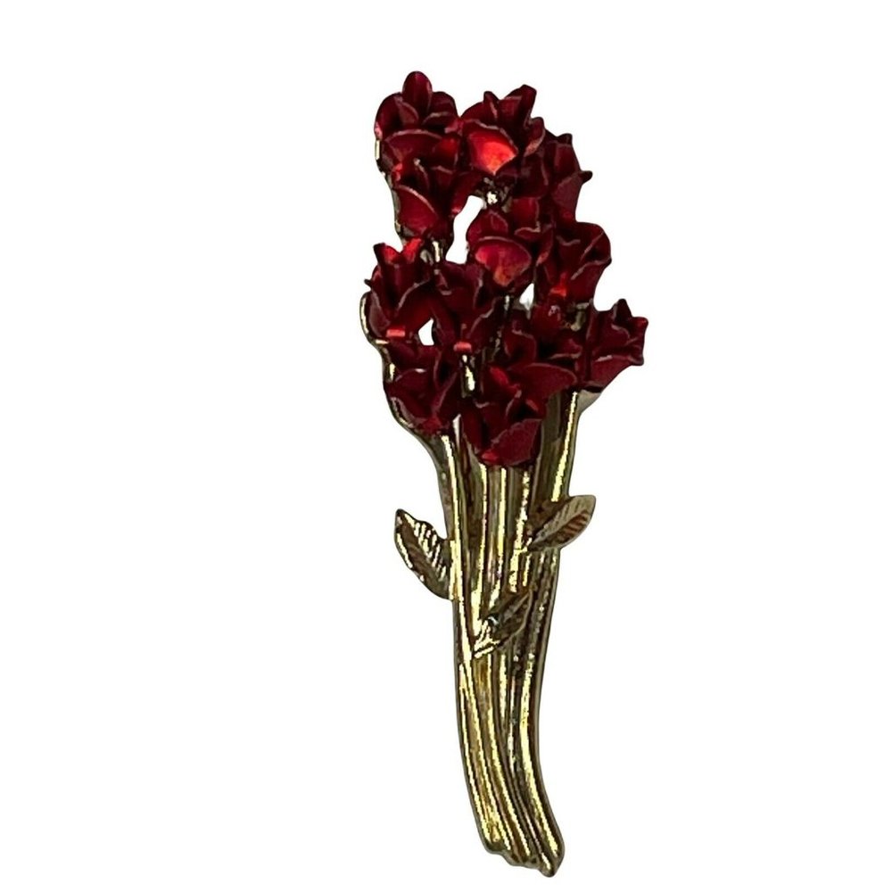 Vtg Avon Floral Brooch Pin Dozen Red Roses Gold Tone Red Enamel DM97 Signed